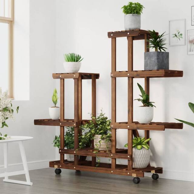 Berkfield Home Elegant Flower Stand with Wheels 95x25x101 cm Solid Wood Fir in Brown - Size: 95 x 25 x 101 cm - image 1