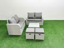 Fimous 6 Seater Outdoor Love Sofa Set Rattan Garden Furniture Set with Square Coffee Table 2 Small Stools Light Grey - thumbnail 2