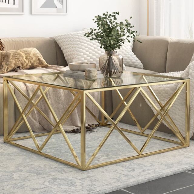 Berkfield Home Coffee Table Gold Stainless Steel & Tempered Glass - image 1