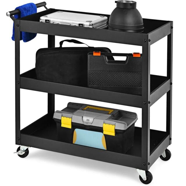 Costway 3-Tier Tool Trolley Utility Cart Heavy Duty Service Cart with Lockable Wheels in Black