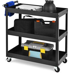 Costway 3-Tier Tool Trolley Utility Cart Heavy Duty Service Cart with Lockable Wheels in Black - thumbnail 1
