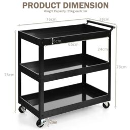 Costway 3-Tier Tool Trolley Utility Cart Heavy Duty Service Cart with Lockable Wheels in Black - thumbnail 2