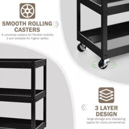 Costway 3-Tier Tool Trolley Utility Cart Heavy Duty Service Cart with Lockable Wheels in Black - thumbnail 5