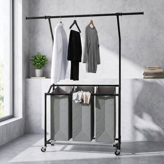 STILVORA Laundry Basket Unit with Hanging Rail & 3 Baskets in Grey - image 1