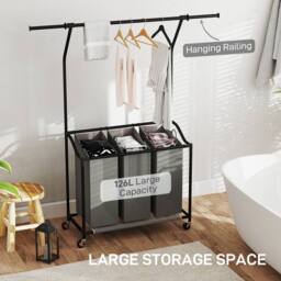STILVORA Laundry Basket Unit with Hanging Rail & 3 Baskets in Grey - thumbnail 6