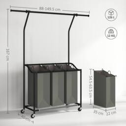 STILVORA Laundry Basket Unit with Hanging Rail & 3 Baskets in Grey - thumbnail 4