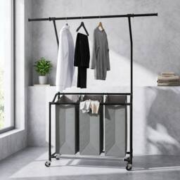 STILVORA Laundry Basket Unit with Hanging Rail & 3 Baskets in Grey