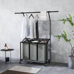 STILVORA Laundry Basket Unit with Hanging Rail & 3 Baskets in Grey - thumbnail 2