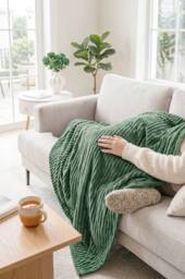 Dyzi Large Supersoft Ribbed Jacquard Fleece Throw Blanket 200 x 240cm in Green - Size: 200 cm x 240 cm - thumbnail 4