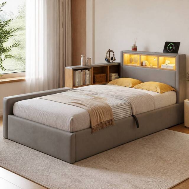 STILVORA Grey Velvet Daybed with Storage & USB Charging Port - Size: Single - image 1