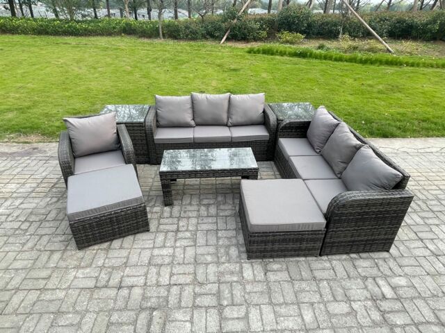 Fimous Outdoor Lounge Sofa Set 9 Seater Rattan Garden Furniture Set with Rectangular Coffee Table 3 Seater Sofa 2 Side Tables 2 Big Footstool - image 1