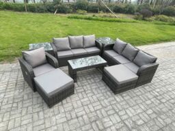 Fimous Outdoor Lounge Sofa Set 9 Seater Rattan Garden Furniture Set with Rectangular Coffee Table 3 Seater Sofa 2 Side Tables 2 Big Footstool - thumbnail 2