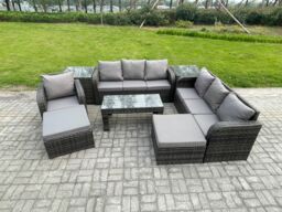 Fimous Outdoor Lounge Sofa Set 9 Seater Rattan Garden Furniture Set with Rectangular Coffee Table 3 Seater Sofa 2 Side Tables 2 Big Footstool - thumbnail 1