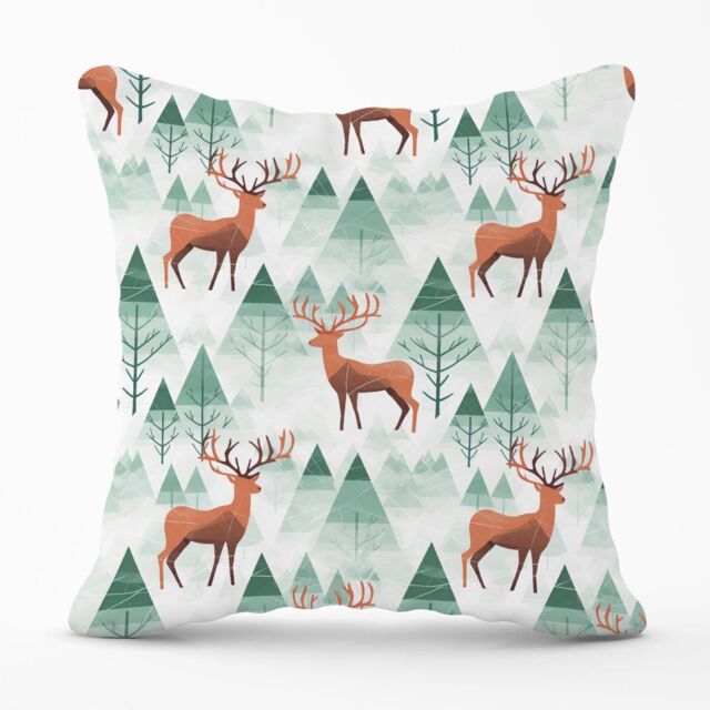 Warren Reed - Designer Reindeer On A Snowy Landscape Outdoor Cushion in Green - Size: 60 cm x 60 cm - image 1