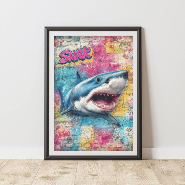 60 SECOND MAKEOVER Shark Graffiti Print Urban Street Art Poster Junk Journal - Size: A4 - image 1