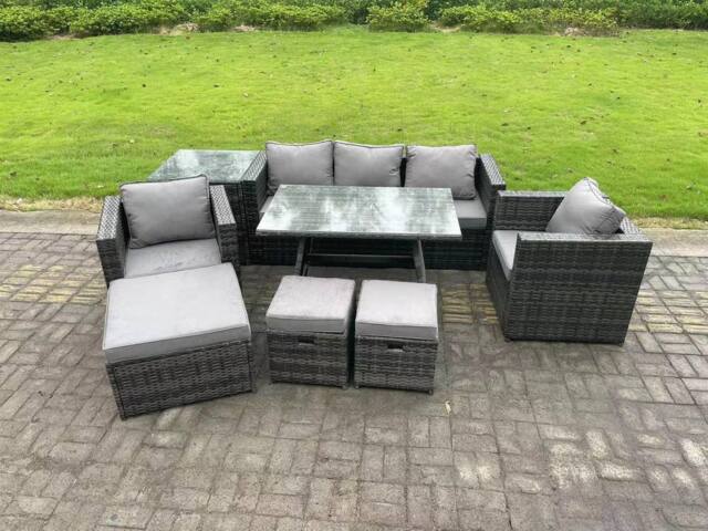 Fimous Rattan Outdoor Furniture Sofa Garden Dining Set with Dining Table 2 Armchairs Side Table 3 Stools 8 Seater in Dark Grey - image 1