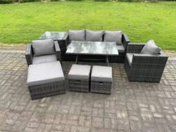 Fimous Rattan Outdoor Furniture Sofa Garden Dining Set with Dining Table 2 Armchairs Side Table 3 Stools 8 Seater in Dark Grey - thumbnail 2