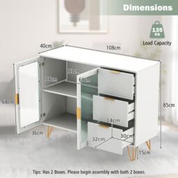 Costway Kitchen Storage Sideboard Dining Buffet Server Cabinet Cupboard W/ 2 Glass Doors in White - thumbnail 2