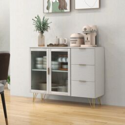 Costway Kitchen Storage Sideboard Dining Buffet Server Cabinet Cupboard W/ 2 Glass Doors in White - thumbnail 3