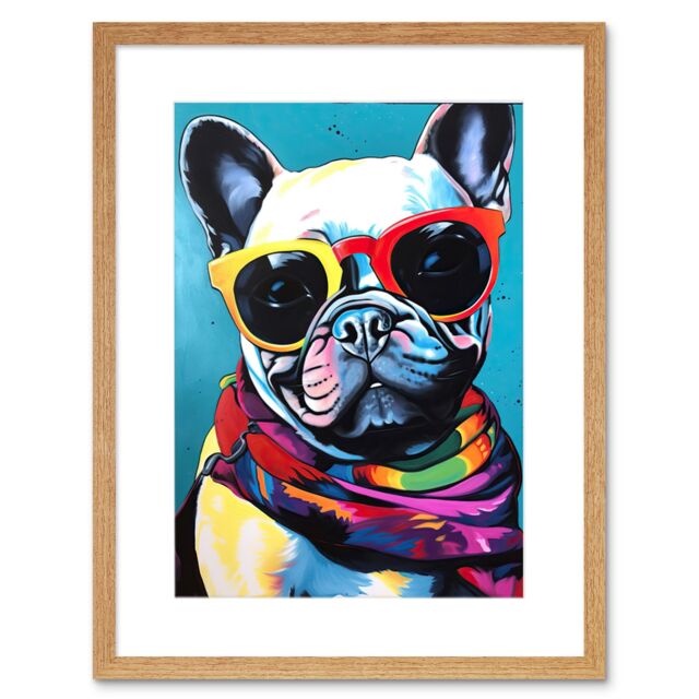 "Artery8 Wall Art Print French Bulldog in Sunglasses & Bandana Folk Artwork Framed 9X7 Inch in Beige - Size: W7"" x H9""" - image 1