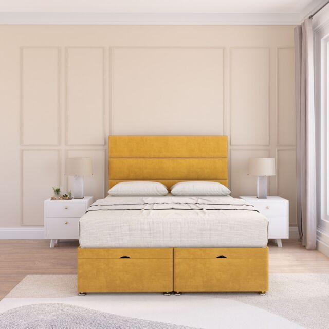 Sloomy Texas Plush Fabric Ottoman Bed End Opening With Sprung Memory Mattress & 54 Inch Floorstanding Headboard in Gold - Size: Single - image 1