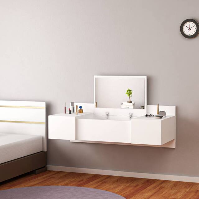 Destina Home Bertus Dressing Table Makeup Vanity Table with Mirror Wall Mounted with Storage in White - Size: 1 Pack - image 1
