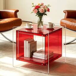 VOGREX Clear Acrylic End Table Bedside Nightstand Shelf in Red - thumbnail 6