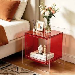 VOGREX Clear Acrylic End Table Bedside Nightstand Shelf in Red - thumbnail 4