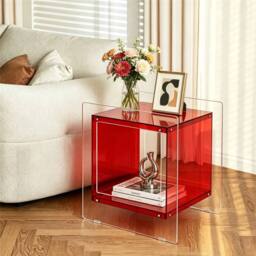 VOGREX Clear Acrylic End Table Bedside Nightstand Shelf in Red