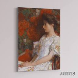 "Artery8 Woman Portrait on Victorian Chair Hassam Canvas Wall Art Print in Red - Size: W12"" x H16""" - thumbnail 2