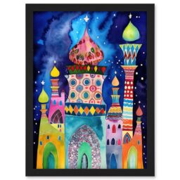 Artery8 Mosque At Midnight Folk Art Artwork Framed Wall Art Print A4 in Black - thumbnail 1