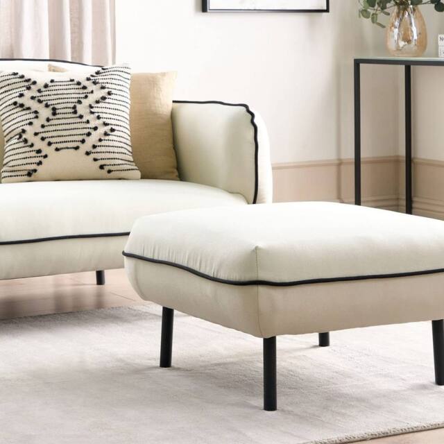 Wyld and Coco Square Ottoman Footstool Light Beige Padded With Black Edging - image 1