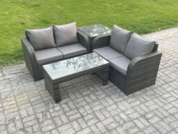 Fimous High Back Rattan Garden Furniture Set with Loveseat Sofa Coffee Table Indoor Outdoor Patio Lounge Sofa Set in Dark Grey - thumbnail 2