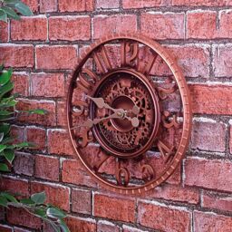 mysmartbuy Vintage Open Face Indoor or Outdoor Clock - Battery Powered Wall Fence Skeleton Clock with Cog & Wheel Design - 30cm Dia in Bronze - thumbnail 1
