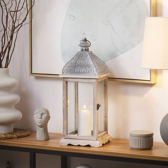 Wyld and Coco White Iron Lantern 47 cm - Distressed Pillar Candle Holder - image 1