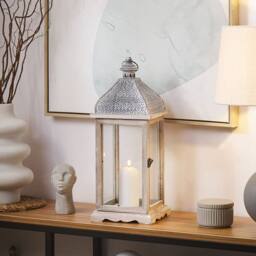Wyld and Coco White Iron Lantern 47 cm - Distressed Pillar Candle Holder