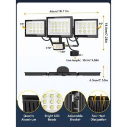 KORVIXA 3 Head LED Security Light PIR Motion Sensor 150W Remote in Black - thumbnail 2