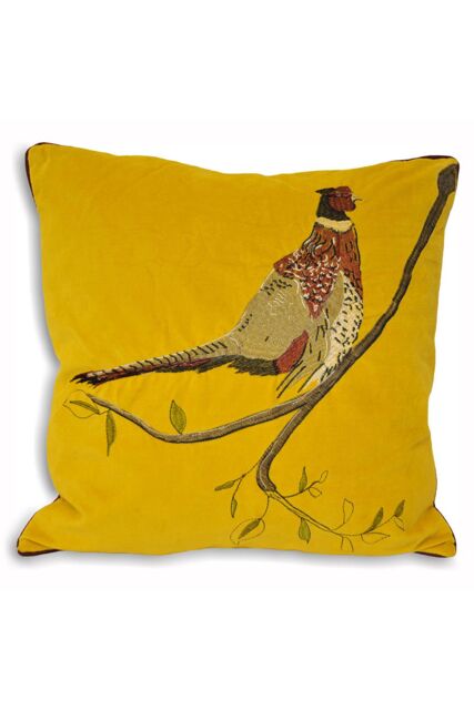 Paoletti Hunter Embroidered Pheasant Velvet Cushion in Mustard - Size: 45 cm x 45 cm