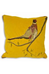 Paoletti Hunter Embroidered Pheasant Velvet Cushion in Mustard - Size: 45 cm x 45 cm