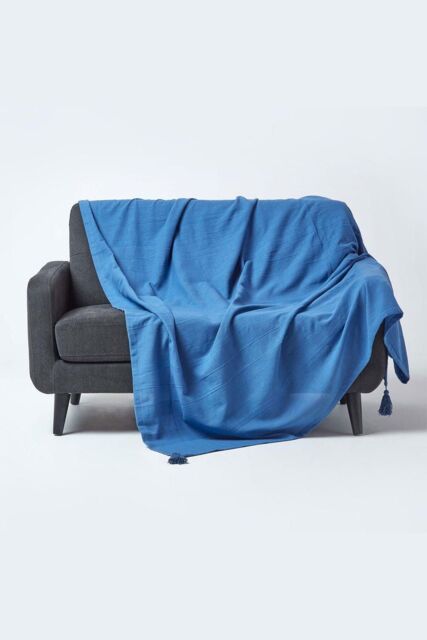 Homescapes Cotton Rajput Ribbed Throw in Blue - Size: 225 cm x 255 cm - image 1