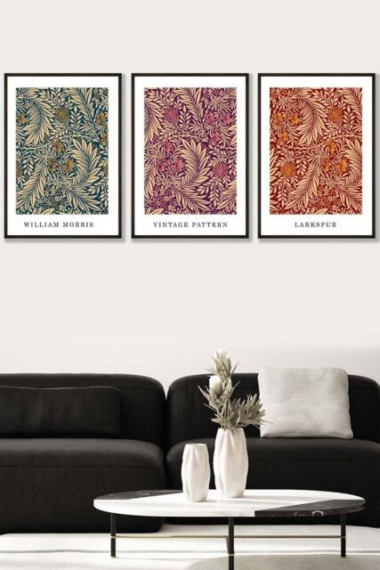 ARTZE Set of 3 Black Framed William Morris Vintage Larkspur Autumn Colours Wall Art - Size: W33 cm x H45 cm x D20mm - image 1