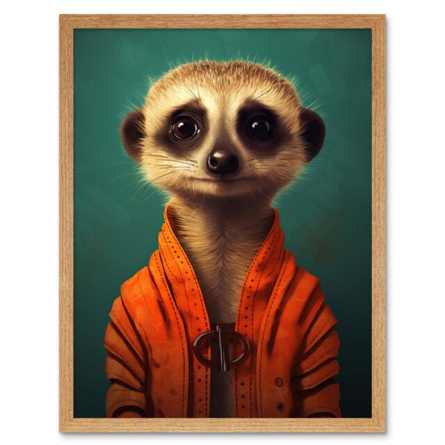 "Artery8 Wall Art Print Meercat Portrait Orange Quilted Jacket on Teal Background Modern Artwork Art Framed in Light Oak - Size: W12"" x H16""" - image 1