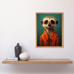 "Artery8 Wall Art Print Meercat Portrait Orange Quilted Jacket on Teal Background Modern Artwork Art Framed in Light Oak - Size: W12"" x H16""" - thumbnail 2
