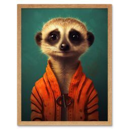 "Artery8 Wall Art Print Meercat Portrait Orange Quilted Jacket on Teal Background Modern Artwork Art Framed in Light Oak - Size: W12"" x H16""" - thumbnail 1
