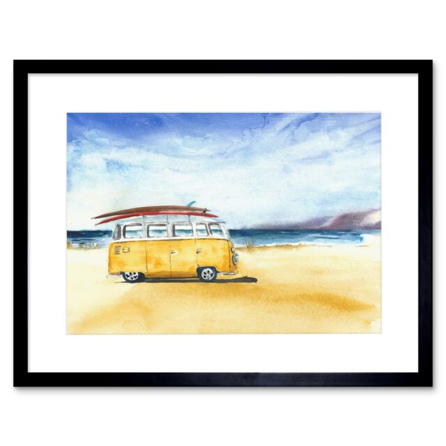 "Artery8 Wall Art Print Van Surfing Trip Painting Art Framed 9x7 inch in Black - Size: W7"" x H9""" - image 1