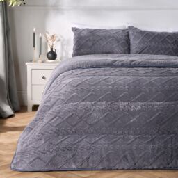 OHS Cable Knit Teddy Fleece 10.5 Tog Coverless Duvet with Pillowcases in Dark Grey - Size: King
