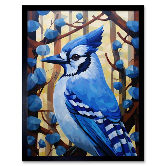 "Artery8 Wall Art Print Blue Jay Geometric Artwork Wild Bird Perched on Tree Polygonal Forest Landscape Art Framed in Black - Size: W12"" x H16""" - image 1