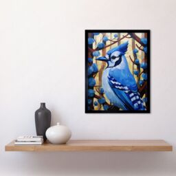 "Artery8 Wall Art Print Blue Jay Geometric Artwork Wild Bird Perched on Tree Polygonal Forest Landscape Art Framed in Black - Size: W12"" x H16""" - thumbnail 2