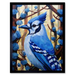 "Artery8 Wall Art Print Blue Jay Geometric Artwork Wild Bird Perched on Tree Polygonal Forest Landscape Art Framed in Black - Size: W12"" x H16""" - thumbnail 1