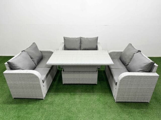 Fimous 6 Seater PE Wicker Rattan Furniture Sofa Sets with Adjustable Lifting Dining or Coffee Table 2 Seater Love Sofa Light Grey - image 1